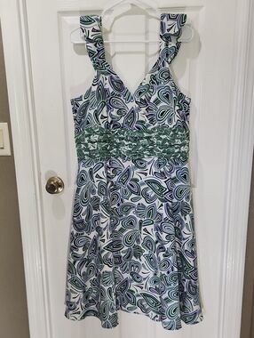 Chadwicks White, Green & Blue Sleeveless V-Neck Dress, Size 16